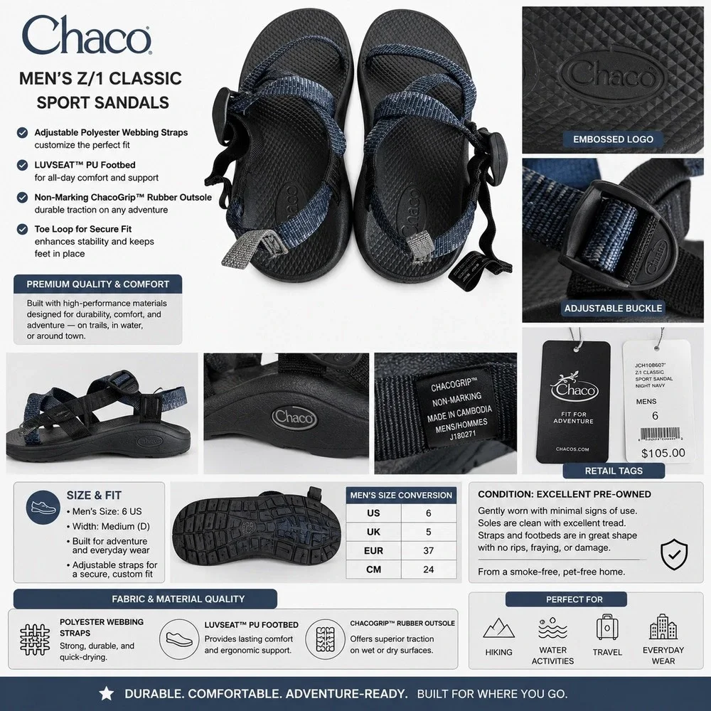 Chaco Z/1 Classic Sport Sandals Mens 6 Night Navy Excellent Hiking Water Shoes